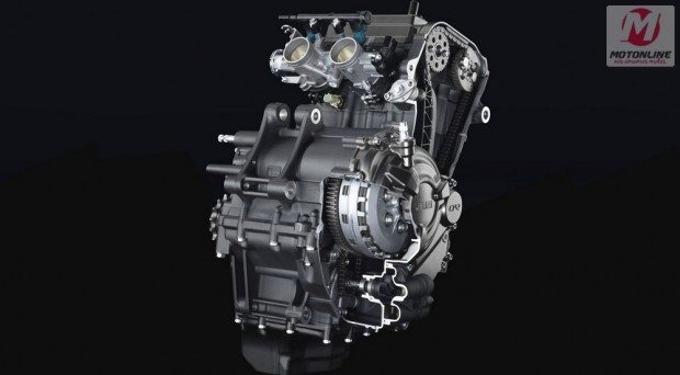 Motor, mesmo que equipa a R3 tem vigor de sobra para empurrar os 168 kg da MT-03