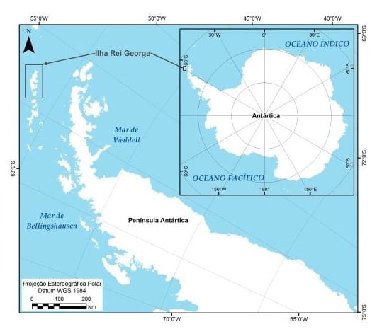 Localização da Ilha Rei George no continente gelado